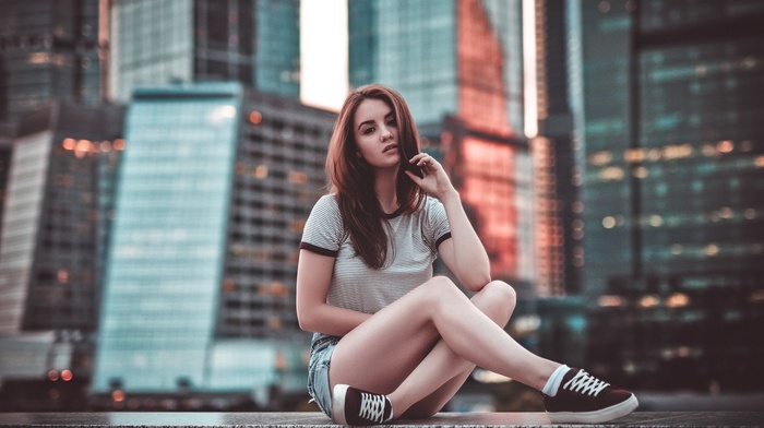 sitting, city, girl, portrait