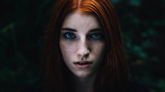 portrait, redhead, girl, face, freckles
