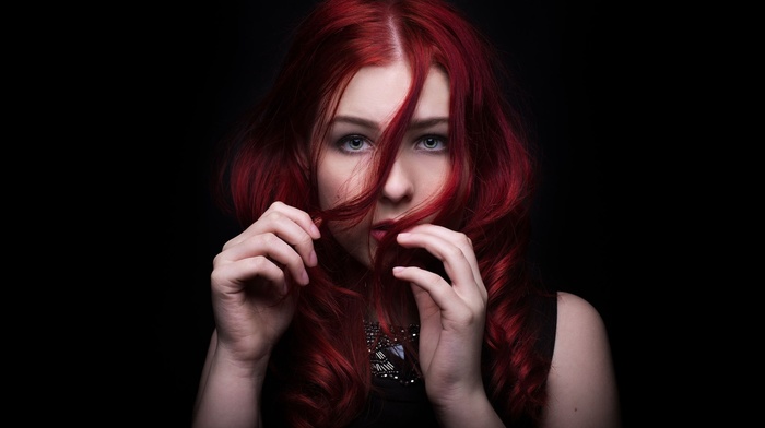 portrait, face, redhead, girl, black background