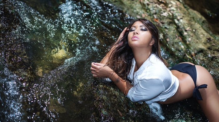 ass, rock, water, closed eyes, girl, Asian