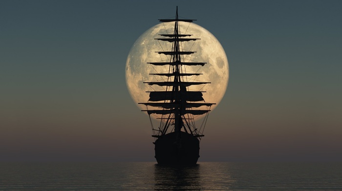 sea, ship, moon