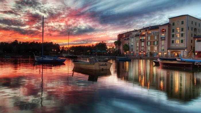 sunset, reflection, building, Italy, water, city, Portofino, boat, clouds, sea