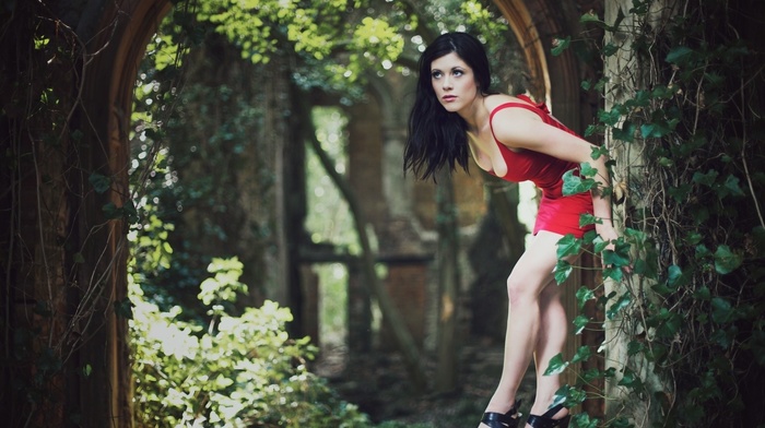 nature, cleavage, girl outdoors, dress, dark hair, high heels, bent over, looking away, red dress