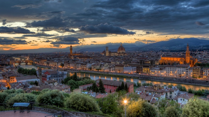 sunset, city, cityscape, river, bridge, Italy, Florence, architecture