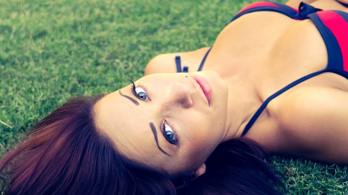 filter, looking at viewer, bra, grass, girl, blue eyes, cleavage, lying on back