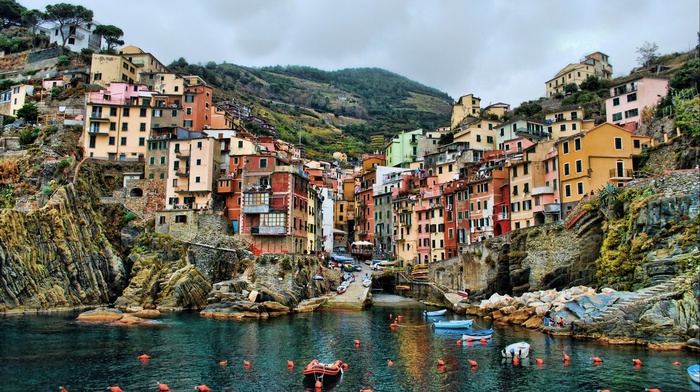 rock, boat, sea, colorful, coast, Cinque Terre, Europe, house, hill, cliff, HDR, Italy, building