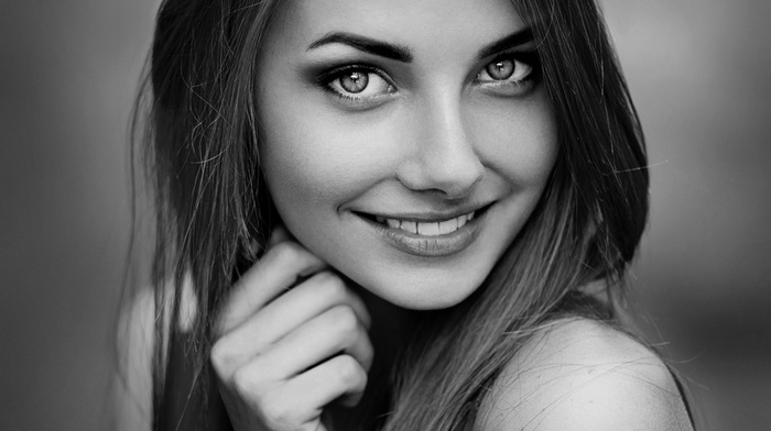 long hair, portrait, model, monochrome, hand, smiling, brunette, face, girl, simple background, looking at viewer