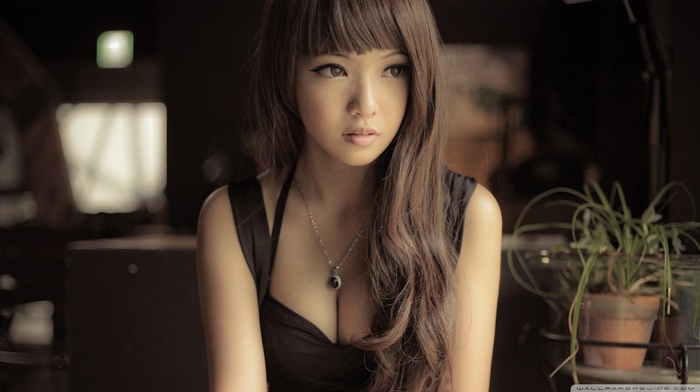 lips, brunette, black dress, Asian, cleavage