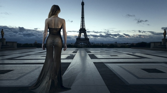 back, landscape, Paris, the gap, girl, ass, see, through clothing, sunrise, transparency, Eiffel Tower, architecture, dress, urban