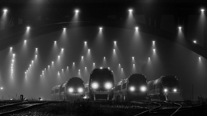 railway, mist, lights, train station, technology, night, monochrome