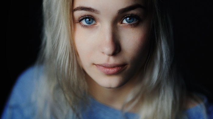 black background, girl, blue eyes, portrait, blonde, face