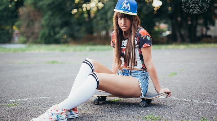 girl, sitting, skateboard, baseball caps, white stockings, jean shorts