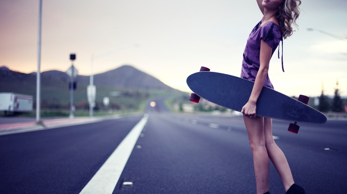 purple dresses, back, Rachel Ann Yampolsky, looking at viewer, skateboard, blonde, skateboarding, depth of field, filter