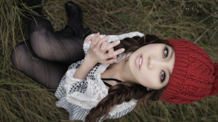 plait, open mouth, sitting, Asian, white clothing, woolen, eyeliner, grass, folded hands, tights, brunette, looking at viewer, blue eyes