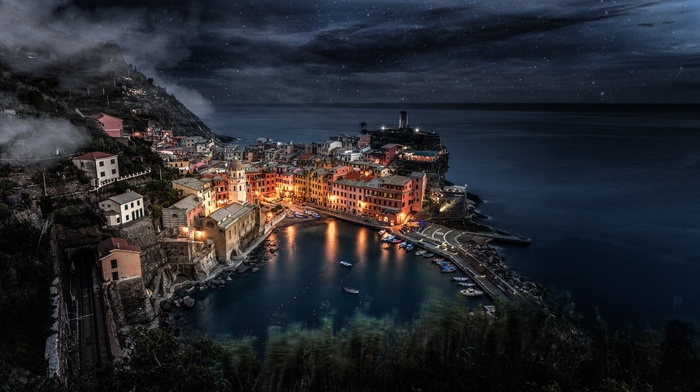 stars, night, building, boat, Italy, sea, Cinque Terre, city, cityscape, dock