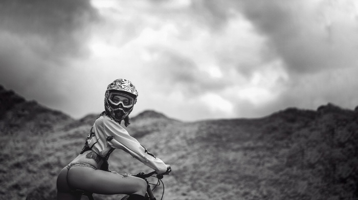 lingerie, monochrome, ass, rear view, small panties, eyes, helmet, looking at viewer, bicycle, Downhill mountain biking, tattoo, mountain bikes