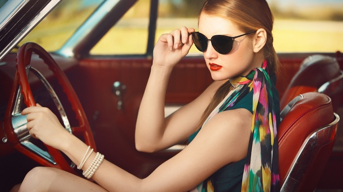 vintage, scarf, sunglasses, sitting, car, blonde, red lipstick, bangles