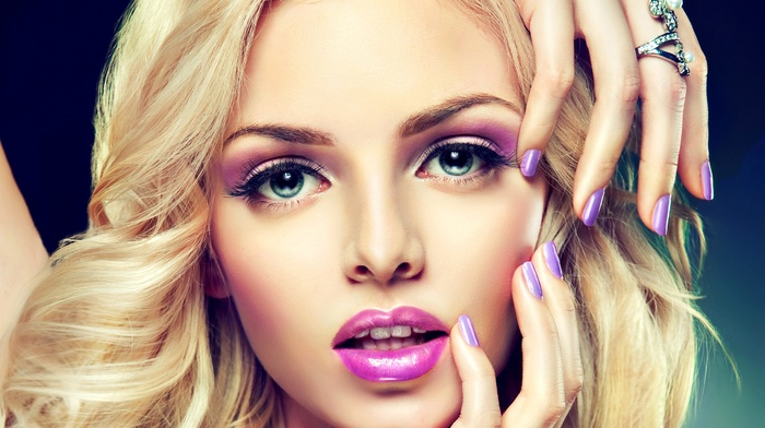 face, painted nails, blue eyes, blonde, open mouth, makeup, rings, teeth