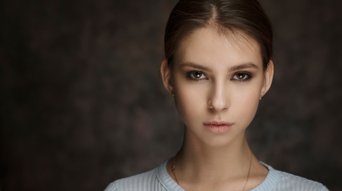 face, nose rings, Elena Aksenova, brown eyes, piercing, earrings, brunette, looking at viewer