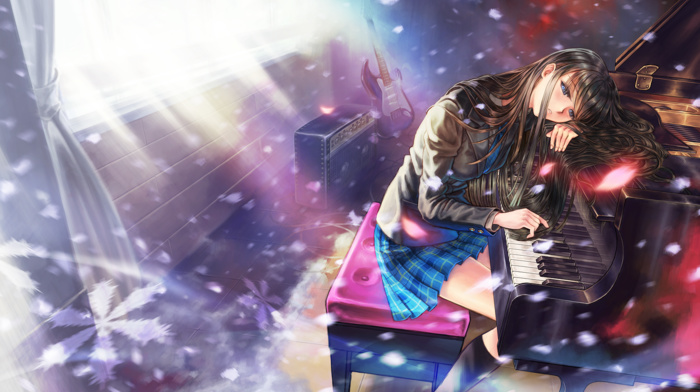 school uniform, Touma Kazusa, White Album, skirt, long hair, blue eyes, brunette, anime girls, artwork, piano