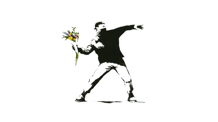 graffiti, white background, flowers, protestors, Banksy, minimalism, selective coloring, men