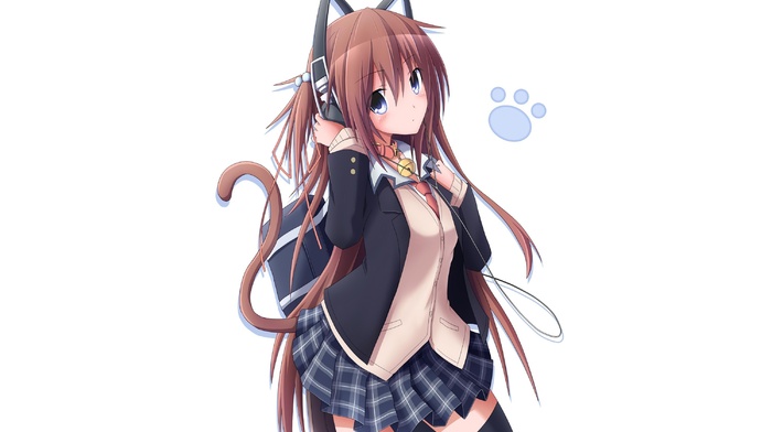 headphones, artwork, school uniform, simple background, anime girls, tail, white background, original characters