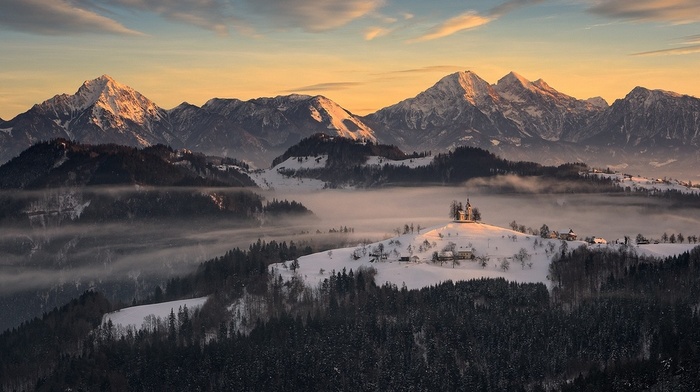 snowy peak, forest, sunrise, Slovenia, mountain, nature, mist, winter, landscape, village