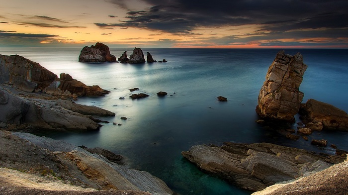 nature, clouds, rock, landscape, water, blue, sea, sky, coast, sunset, Spain