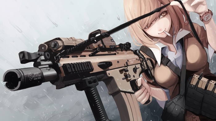 gun, anime girls, FN SCAR, H, L, brunette, original characters, artwork