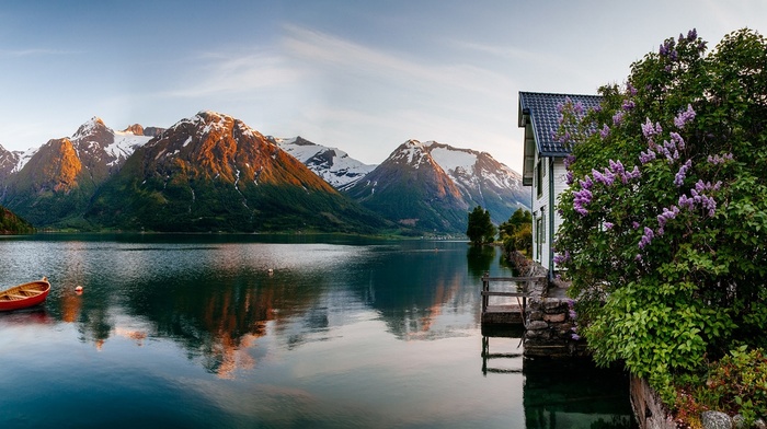 boat, fjord, house, nature, reflection, sunrise, mountain, snowy peak, landscape, Norway, sea, flowers, spring