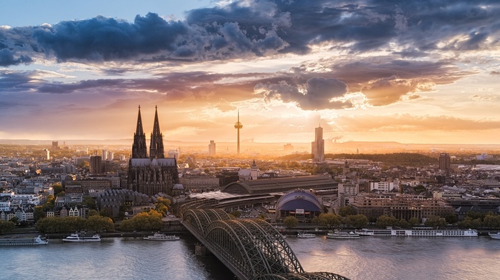 clouds, Cologne, urban, sunset, architecture, nature, church, Cologne Cathedral, sky, bridge, Germany, cityscape, landscape, river