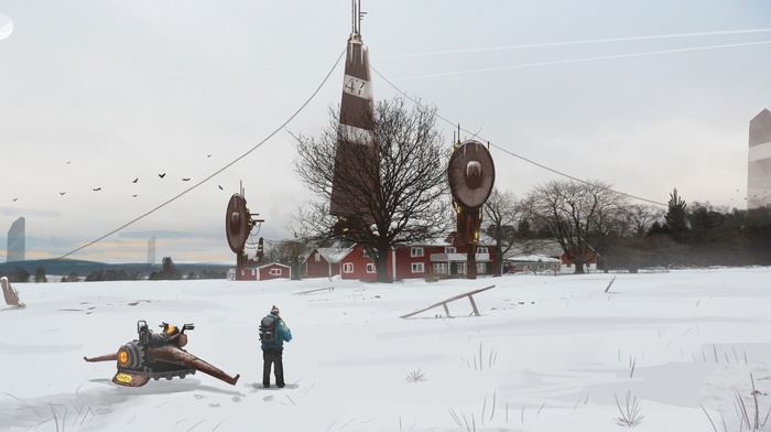 trees, building, digital art, artwork, field, dead trees, snow, alone, Sweden, futuristic