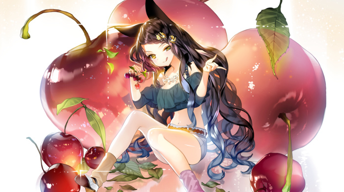 anime girls, fruit, apples, original characters, animal ears, artwork
