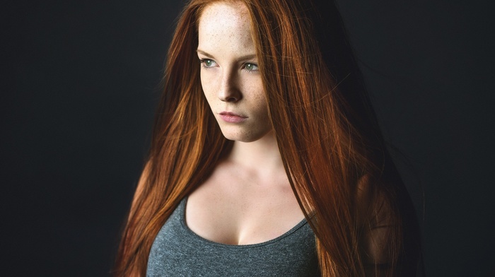 face, cleavage, portrait, green eyes, looking away, redhead, girl