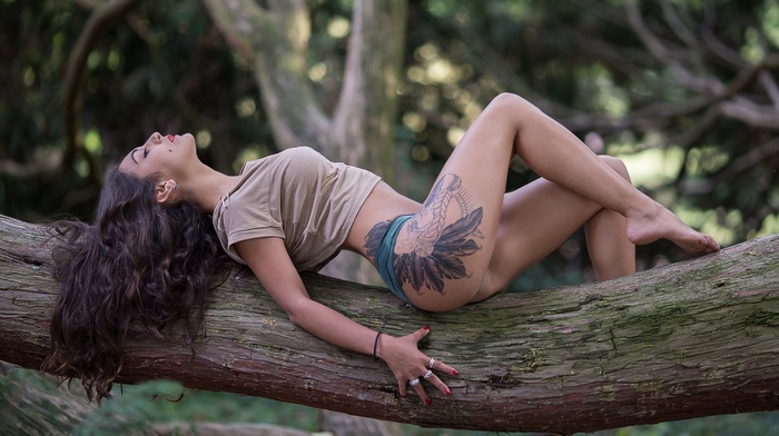 girl, ass, tattoo, trees, closed eyes