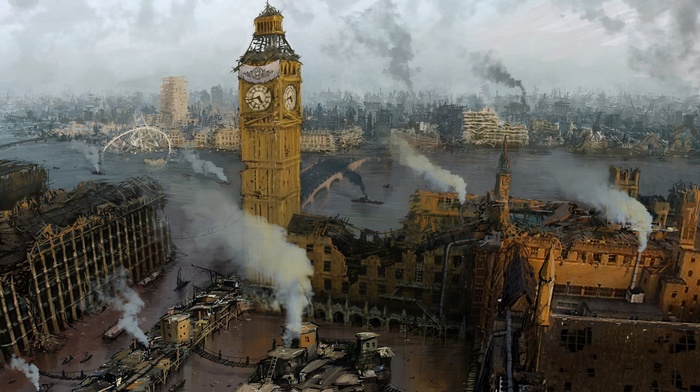 cityscape, smoke, England, bridge, apocalyptic, city, ruin, UK, artwork, digital art, London, Big Ben