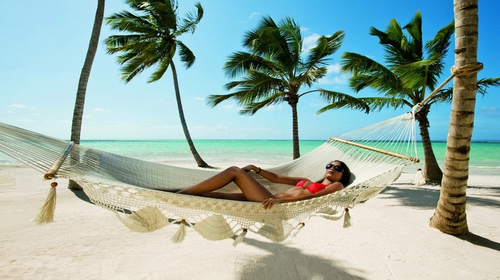 sea, girl outdoors, red bikinis, tanned, hammocks, sand, palm trees, sunglasses, beach, bikini, dark hair