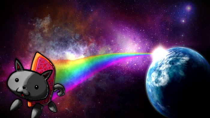 memes, Nyan Cat, cat, space, digital art, stars, rainbows, planet