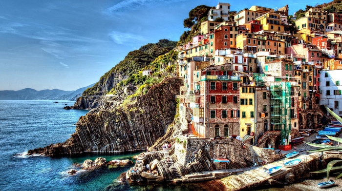 sea, Cinque Terre, Italy, cliff, boat, hill, city, dock, colorful, building, cityscape