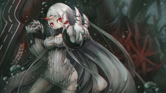 red eyes, anime girls, torn clothes, long hair, Kantai Collection, horns, silver hair, Seaport Hime