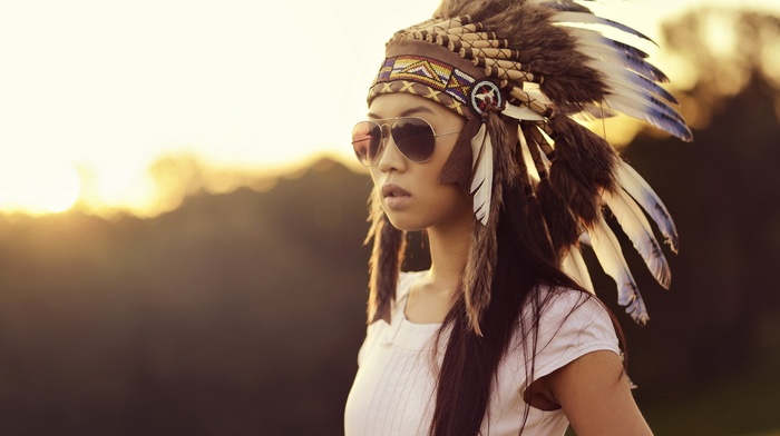 brunette, white clothing, sunglasses, feathers, open mouth, Asian