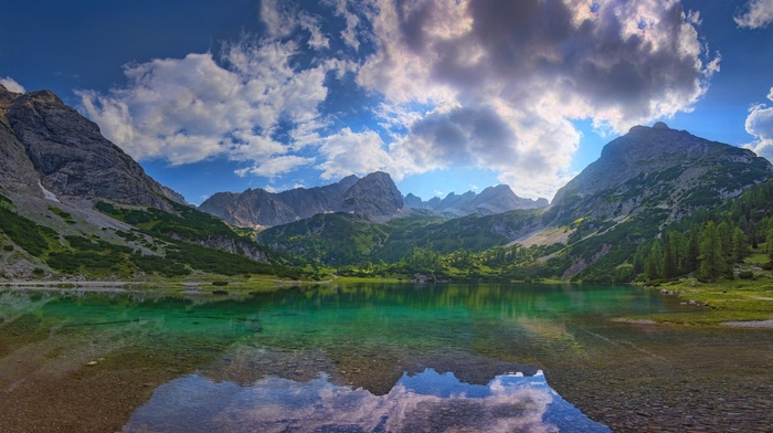 mountain, clouds, Austria, landscape, trees, water, reflection, summer, sunrise, lake, nature