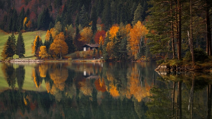 house, landscape, lake, forest, fall, water, trees, nature, reflection