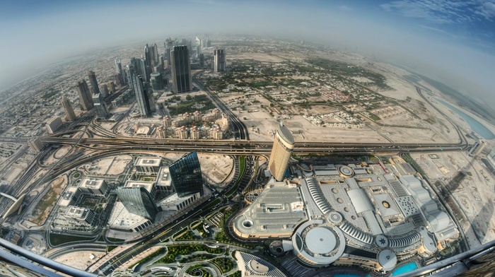 balconies, landscape, cityscape, mist, architecture, Dubai, urban, skyscraper, fisheye lens, highway, United Arab Emirates