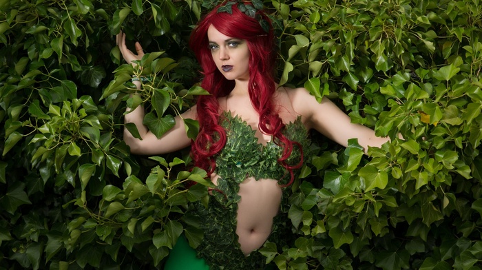 redhead, Poison Ivy, portrait, leaves, girl