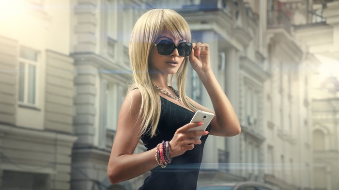 blonde, girl with glasses, cellphone, portrait, girl