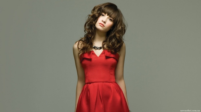brown eyes, dress, red dress, looking at viewer, Demi Lovato, girl, necklace, gray background, curly hair, brunette