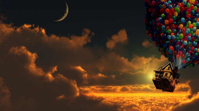 clouds, crescent moon, sunset, balloons, Up movie, moon, house