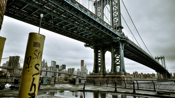 water, New York City, architecture, manhattan bridge, cityscape, city, graffiti, USA, bridge, Manhattan, reflection
