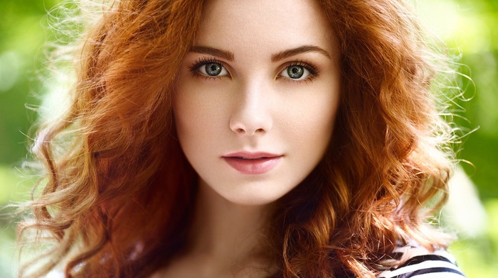 blurred, redhead, girl, face, girl outdoors, curly hair, blue eyes